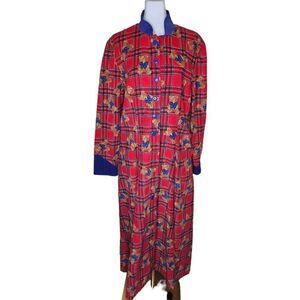 Vintage 80s Corduroy Shirt Dress Maxi Womens Size XL Red Teddy Bears Teacher Mod